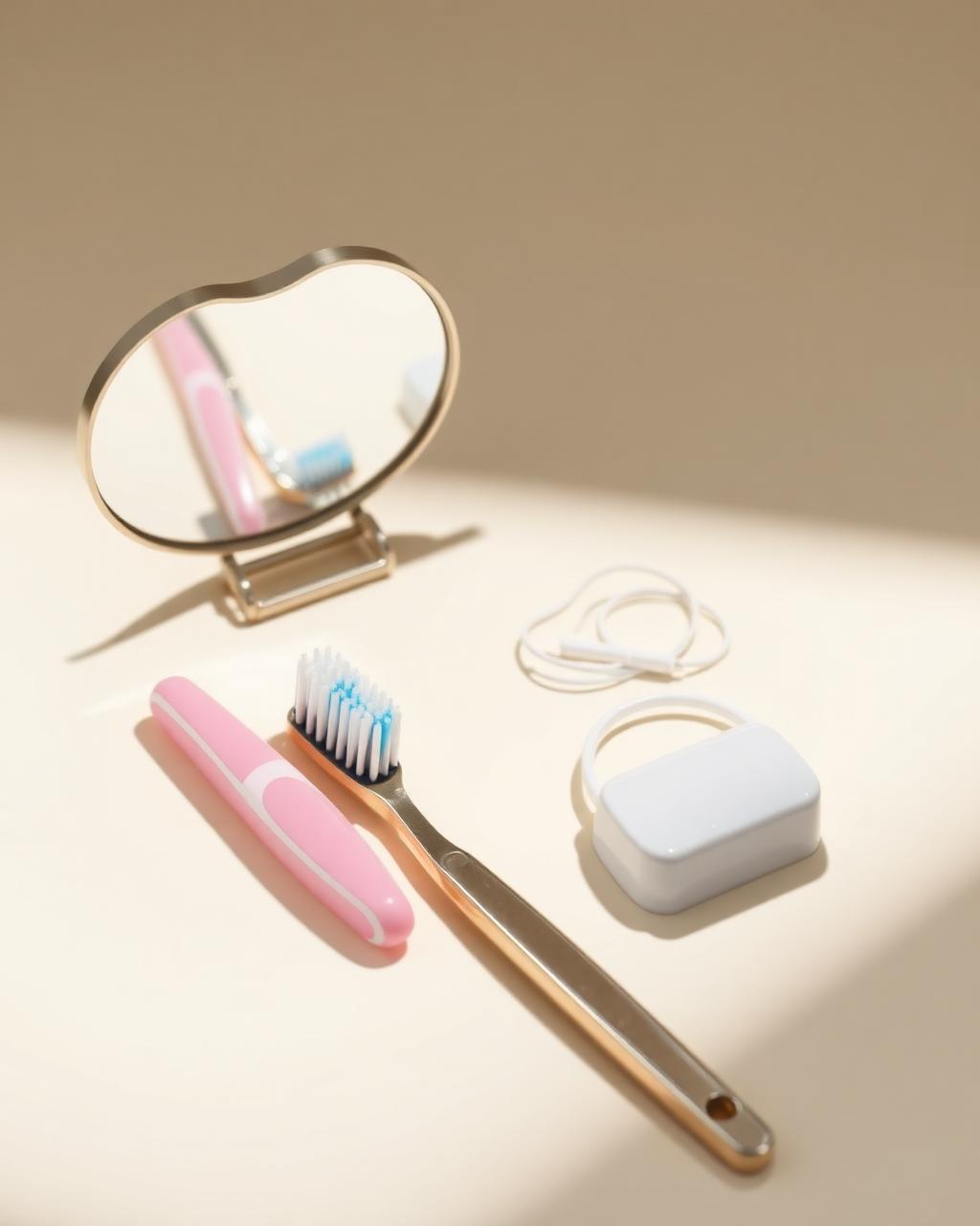 Brosse à dents, fil dentaire et miroir dentaire